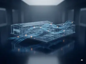Ein 3D-Drahtgittermodell eines Lager- und Logistikzentrums, das über einer spiegelnden, marineblauen Oberfläche schwebt, mit durchscheinenden Datenströmen, Flusswegen und bernsteinfarbenen Engpassknoten.
