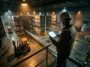 Ein Lagerleiter, der auf ein großes Distributionszentrum mit Förderbändern, Regalen und Gabelstaplern blickt, während er Daten auf einem Tablet überprüft.
