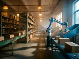 Warehouse aisle blending legacy conveyor belts and manual shelving with a robotic sorting arm under warm amber and steel-blue industrial lighting.