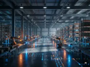 Vast warehouse with robotic sorting arms and conveyor belts weaving between towering storage racks, glowing floor nodes mapping a distribution network under dramatic industrial lighting.