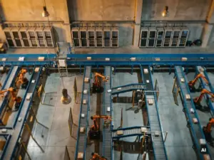 Overhead view of robotic conveyor sorting systems in a modern fulfillment warehouse connected to glowing server racks along a concrete wall.