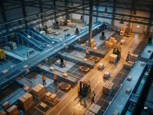 Overhead view of warehouse interior with robotic conveyor systems, forklift paths, and workers sharing floor space under dramatic industrial lighting.