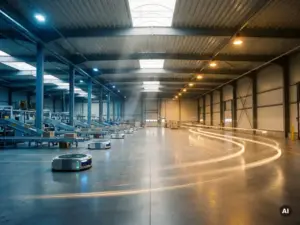 Lagerinnenraum mit autonomen Robotern auf Förderbändern neben bernsteinfarben beleuchteten Fußgängerwegen auf einem polierten Betonboden.