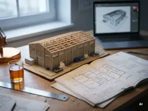 Ein Miniaturmodell eines Lagerhauses aus Pappe neben einer aufgeschlagenen technischen Zeichnung auf dem Schreibtisch eines Ingenieurs, beleuchtet von sanftem natürlichem Seitenlicht.