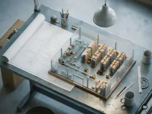 Miniature warehouse scale model with conveyor belts and shelving beside a printed flow diagram on a steel drafting table.