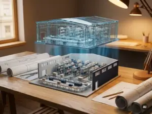 Scale model warehouse with conveyor belts and shelving aisles beside a glowing glass replica, technical drawings scattered on a white engineering desk.