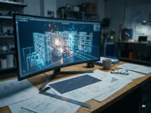 Ingenieur-Arbeitsplatz mit einer leuchtenden 3D-Simulation eines Lagers auf dem Monitor, umgeben von technischen Unterlagen und einem Präzisionslineal.