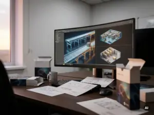 Simulations-Dashboard auf einem Breitbildmonitor, auf dem Flussdiagramme von Förderbändern und Modelle der Lagerlayouts neben Verpackungen und Datenblättern von Konkurrenzsoftware zu sehen sind.