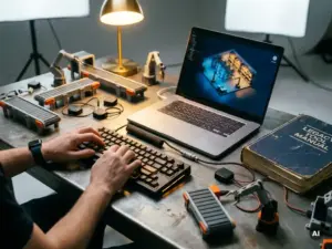 Developer's hands on mechanical keyboard beside laptop showing 3D warehouse simulation, modular conveyor and sensor components on steel desk.