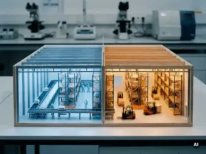 Miniature warehouse scale model split between frozen blue-lit simulation state and warm amber operational phase with motion-blurred moving pallets.