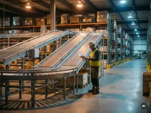 Ein Lagerarbeiter mit Schutzhelm, der neben einem automatisierten Fördersystem einen Notizblock durchsieht, während im Hintergrund Metallregale in eine schwach beleuchtete Industriehalle hineinragen.