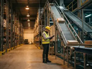 Warehouse worker in hard hat reviewing clipboard beside automated conveyor system with high metal shelving under amber industrial lighting.