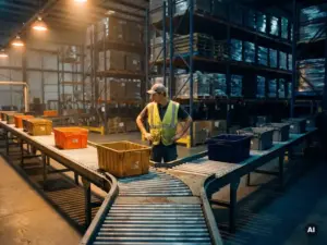 Warehouse worker examining a forked conveyor belt junction with amber-lit and shadowed paths carrying colored tote bins amid deep steel racking.
