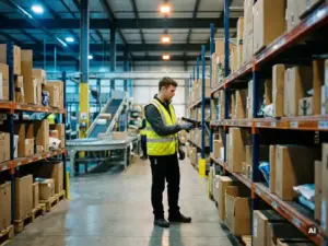 Lagerarbeiter, der mit einem Handlesegerät den Lagerbestand in einem Gang des Fulfillment-Centers erfasst, der von hohen Regalen und Kartons gesäumt ist.