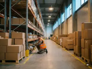 Ein Lagerarbeiter in einer orangefarbenen Sicherheitsweste sortiert beschriftete Metallregale in einem gut beleuchteten Distributionszentrum, in dem Kartons gestapelt sind.